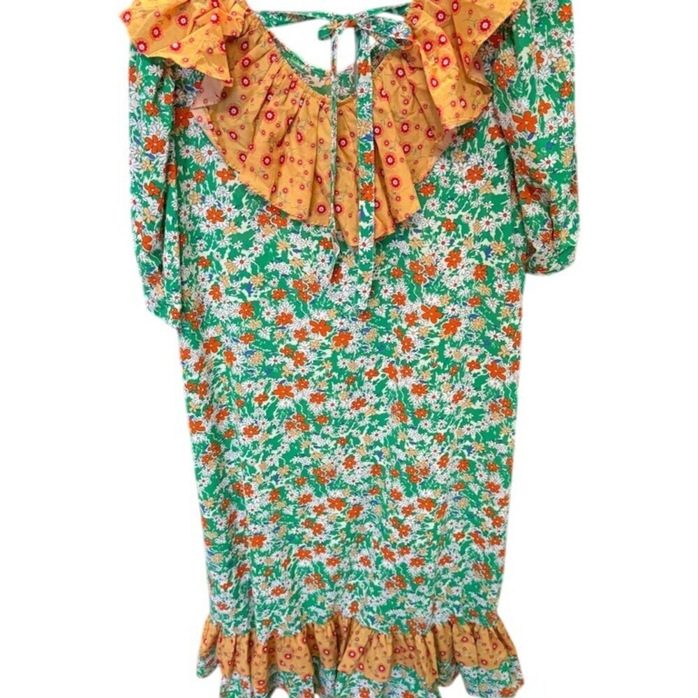 Beluah Floral Midi Dress Green Orange Womens Large Extra Large Tiered Ruffle - Picture 3 of 8